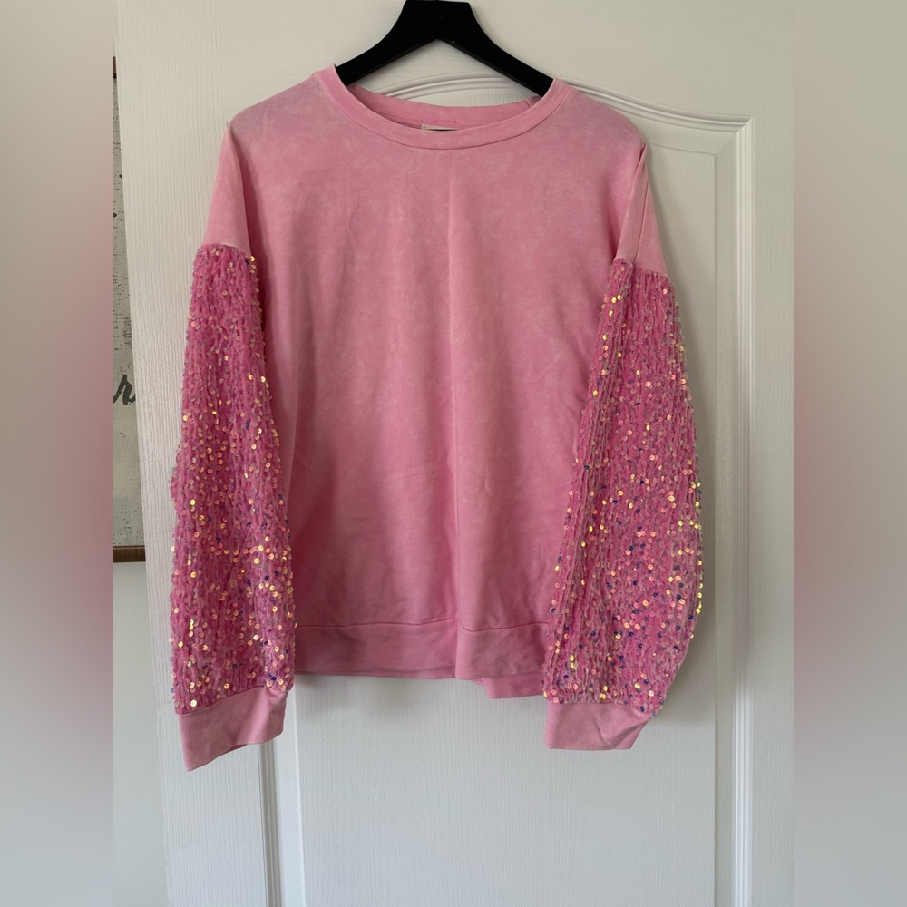 Bibi - Pink Sequin Long Sleeve Oversized Top - Size Small